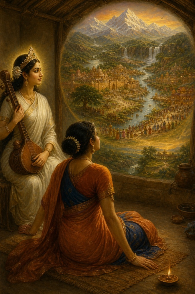 Inside a tiny ten-by-twelve-hand mud hut a luminous vision opens revealing an entire kingdom of mountains, rivers, a walled city and thousands of people contained within, Saraswati and Lila gazing at the cosmos-inside-the-hut; rich painterly classical Indian color illustration, dignified, no text or watermark