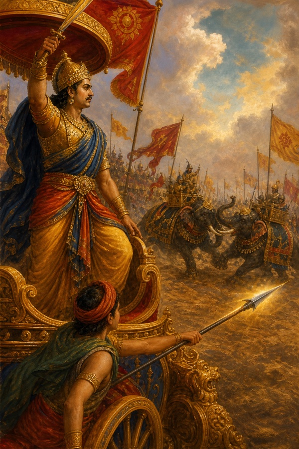 On a dusty battlefield King Viduratha stands on his chariot with raised sword as a very young soldier hurls a spear that strikes his chest; elephants in gold and black trappings clash, banners and dust all around; rich painterly classical Indian color illustration, dignified, no text or watermark