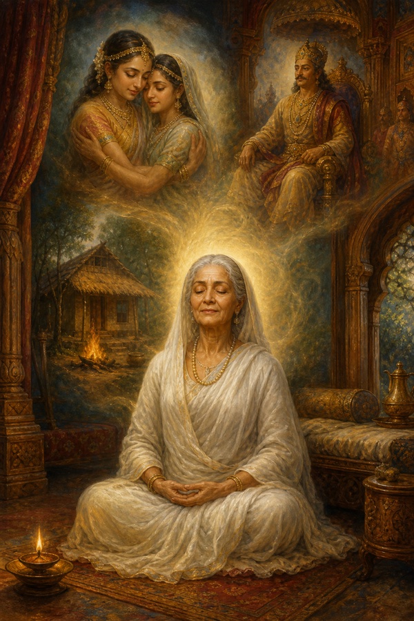 Aged Queen Lila in white sits in final meditation in her old chamber, eyes closed and lips faintly smiling, dissolving into a soft inner radiance surrounded by ghostly visions of the embracing two Lilas, a king on a throne, and the hut by a fire; one small lamp burns at her side; rich painterly classical Indian color illustration, dignified, no text or watermark