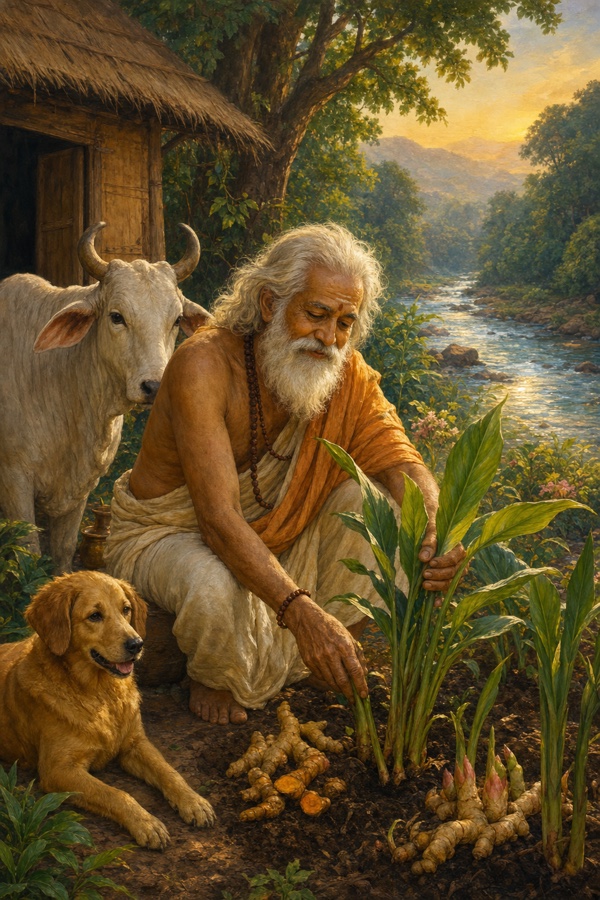 Rich painterly classical-Indian color illustration of the sage Manki, content and serene, seated outside his thatched riverside hut tending a small garden of turmeric and ginger; an old white cow and a faithful dog rest beside him, a clear river flowing past, warm morning light and lush greenery.