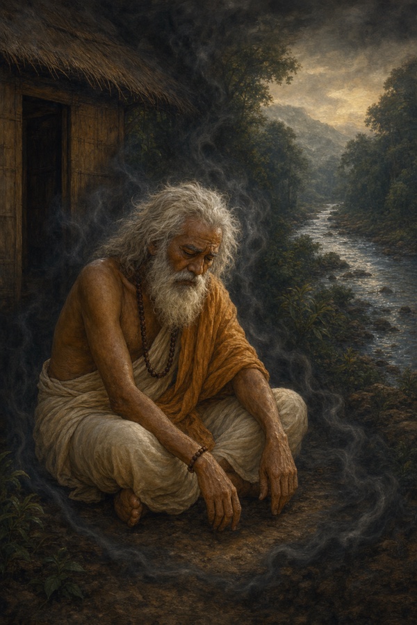 Rich painterly classical-Indian color illustration of Manki sitting on the ground beside his hut with bowed head and heavy heart, while a dim formless darkness without cause descends and gathers around him; the river and hills muted behind, the air weighted and grey, dignified and quiet.