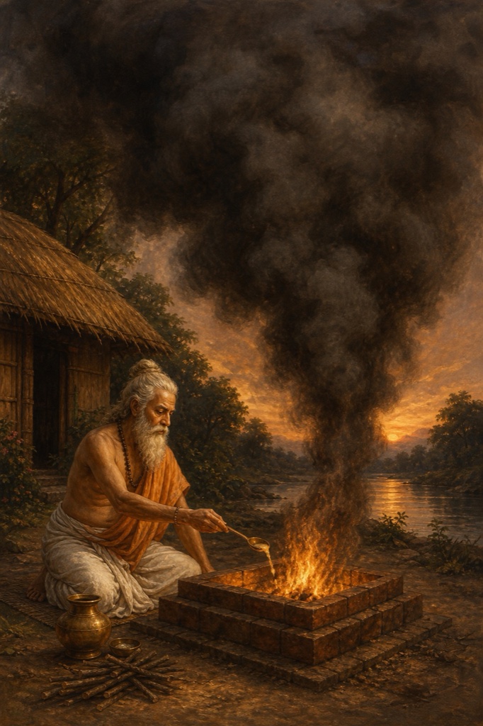 Rich painterly classical-Indian color illustration of Manki kneeling at a blazing yajna fire altar, fervently feeding ghee and wood into the flames at dawn, chanting hard to drive off his gloom; a dark brooding shadow looms larger in the rising smoke despite his effort.