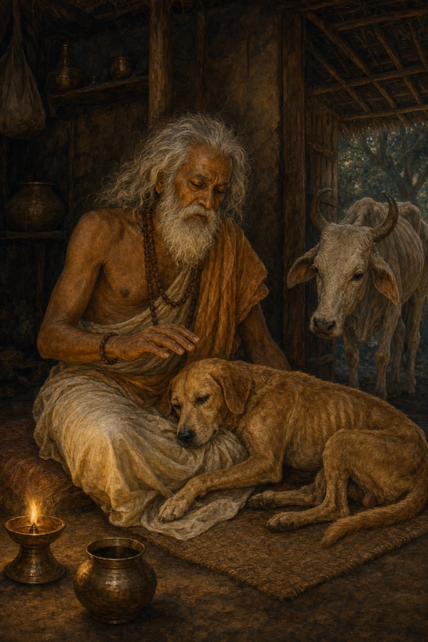 Rich painterly classical-Indian color illustration of a gaunt, long-bearded, withdrawn Manki seated inside his dim hut as his thin loyal dog lays its head in his lap; his hand reaches halfway toward the dog's head and freezes mid-air, a tender, sorrowful tableau, a weak cow visible nearby.