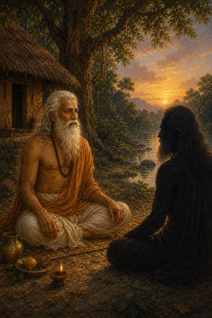 Rich painterly classical-Indian color illustration of Manki seated cross-legged and calm beneath a large tree, facing a seated shadow-figure of his own size with steady, peaceful, non-combative gaze; soft balanced light, the hut and hills behind, a moment of acceptance and stillness.