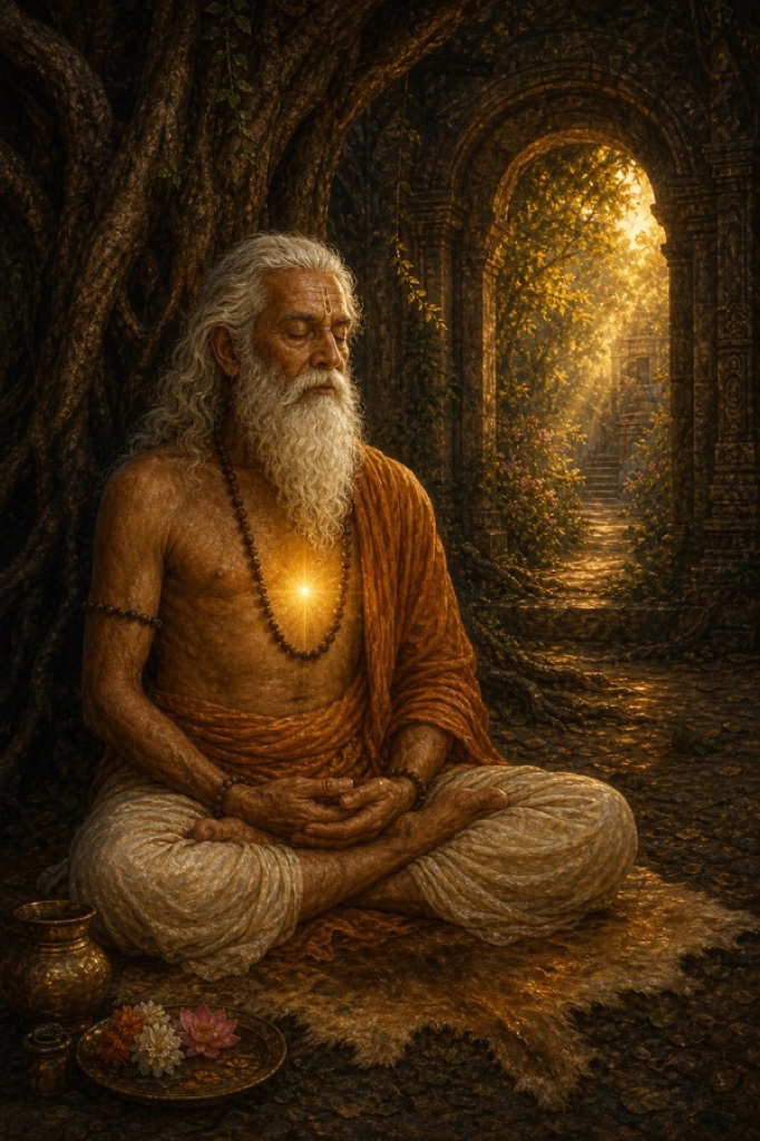 Rich painterly classical-Indian color illustration of Manki meditating in lotus posture under a great tree as a tiny but unmistakable point of warm golden light emerges from within the surrounding darkness, an archway behind him opening onto soft radiance; quiet wonder and dawning understanding.