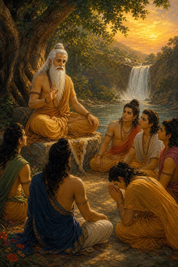Rich painterly classical-Indian color illustration of an elderly white-bearded transformed Manki seated raised on a stone seat under a tree, gesturing gently in teaching to a half-circle of seated and bowing disciples; a waterfall and river behind, golden evening light, an air of earned wisdom and compassion.
