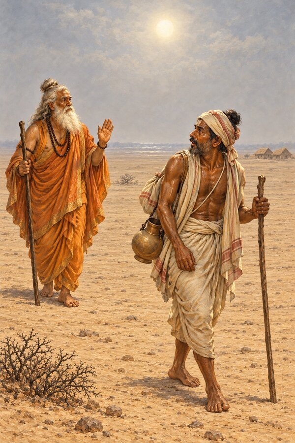 In the burning midday desert the weary pilgrim Manki turns at the sound of Vasishtha's voice and asks who he is.