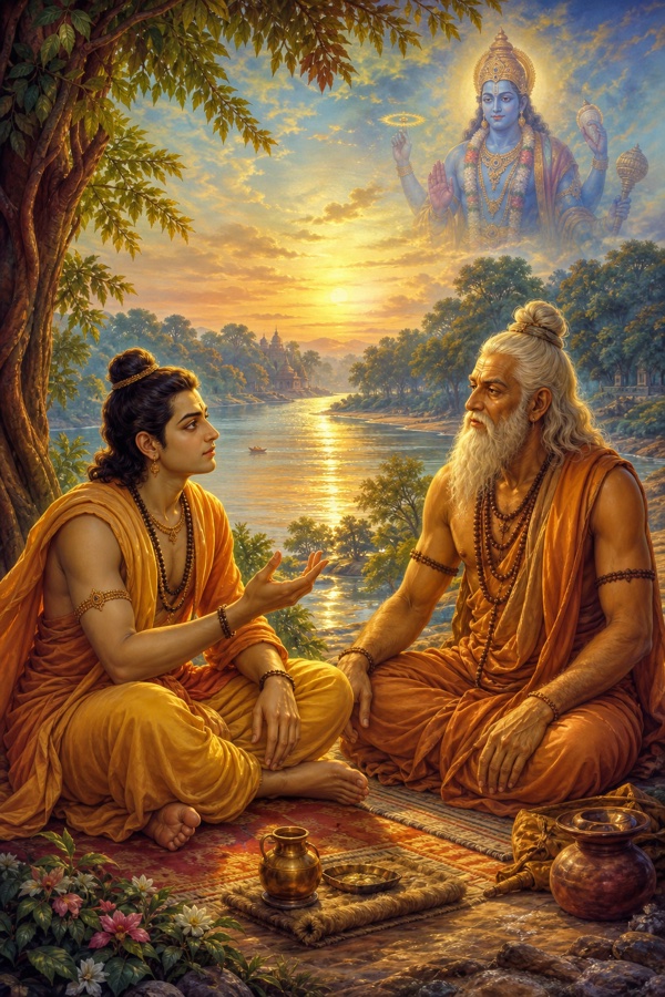 Prince Rama and sage Vasishtha seated together on a mat beneath a tree on the breezy bank of the Sarayu river at dawn, Rama leaning forward asking a question, an ethereal blue Vishnu faintly visible above the treeline; rich painterly classical Indian color illustration, dignified, no text