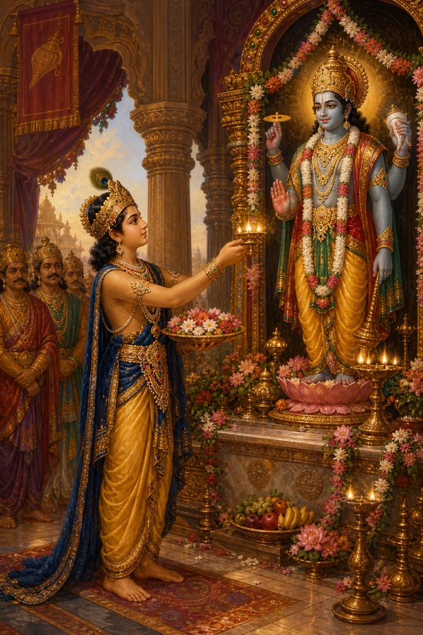 Young demon-king Prahlada in royal attire offering flowers and a lit lamp at an ornate Vishnu altar in a palace shrine each morning, ministers and attendants waiting respectfully behind pillars; warm painterly classical Indian color illustration, dignified, no text