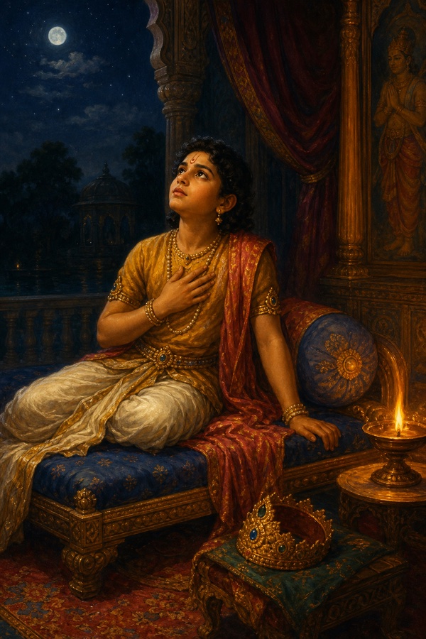 Prahlada alone at night on a low royal couch, crown set aside, one hand on his chest, gazing upward in solitary self-inquiry by the glow of a single oil lamp; intimate painterly classical Indian color illustration, dignified, no text