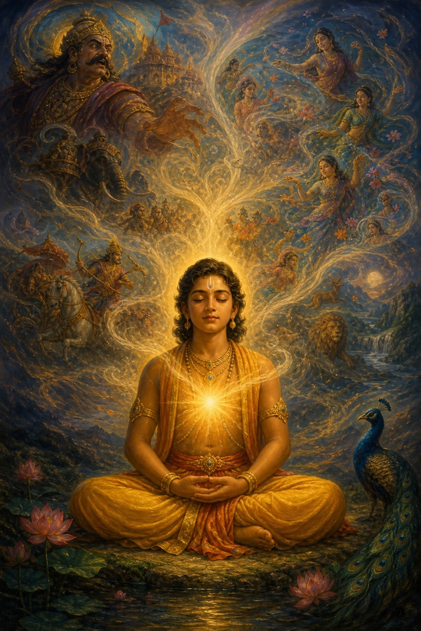 Prahlada in deep meditation as a serene golden inner light steadies within his chest, surrounding swirls of fading thoughts and changing forms dissolving into a single calm radiance of unchanging witness-consciousness; luminous painterly classical Indian color illustration, dignified, no text