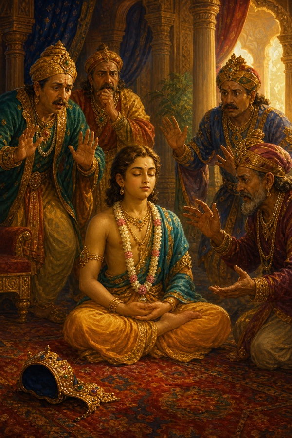 Prahlada seated in lotus posture, eyes closed in deep meditation in a palace chamber, his crown lying discarded on the floor beside him while alarmed ministers gesture in dismay around him; painterly classical Indian color illustration, dignified, no text