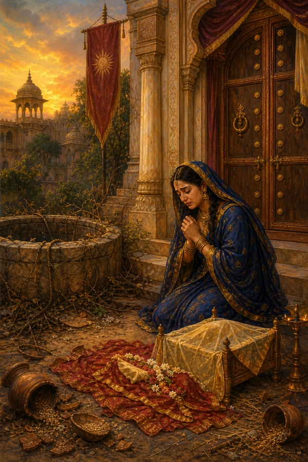A grieving mother kneeling outside the closed royal chamber doors cradling her dead child and crying out, a withered empty well and broken grain pots nearby, the kingdom in ruin behind her; sorrowful painterly classical Indian color illustration, dignified, no text