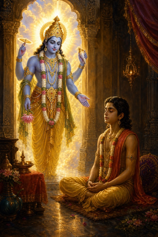 Radiant four-armed blue Vishnu manifesting in the meditation chamber and sitting beside the long-motionless Prahlada whose body is thin from years of stillness, gently calling his name; luminous painterly classical Indian color illustration, dignified, no text
