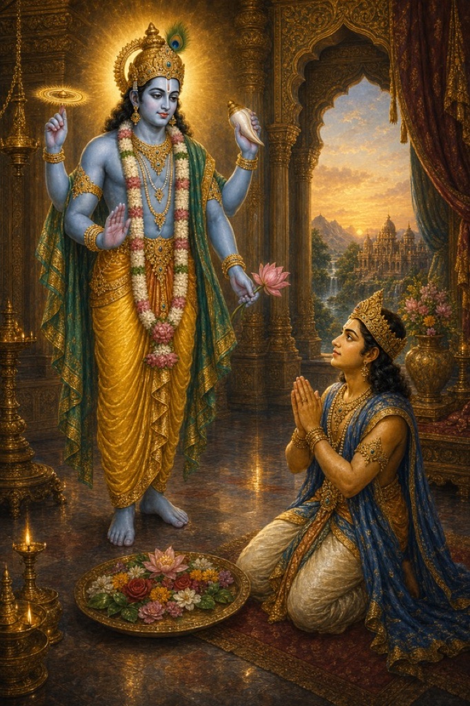 Vishnu standing and gesturing teachingly toward the kneeling Prahlada, explaining liberation-in-action, both bathed in soft divine light with a tray of offered flowers between them; warm painterly classical Indian color illustration, dignified, no text