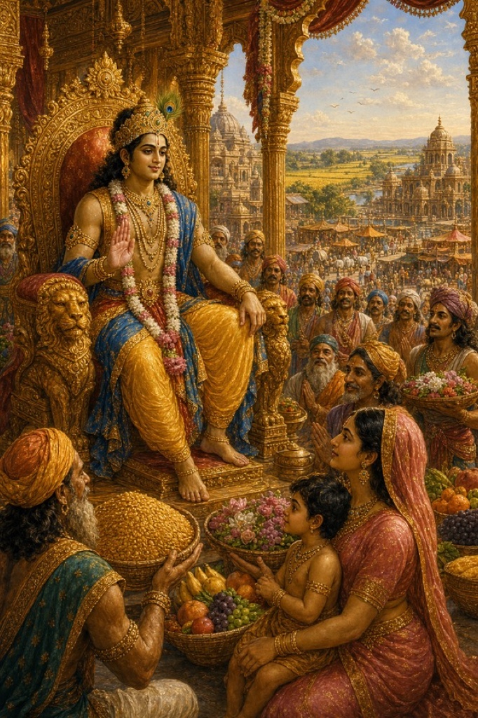 Elder Prahlada restored on his throne in a flourishing court, citizens bringing baskets of grain and offerings, a mother holding a healthy child in the foreground, fields and markets thriving beyond the palace; abundant painterly classical Indian color illustration, dignified, no text