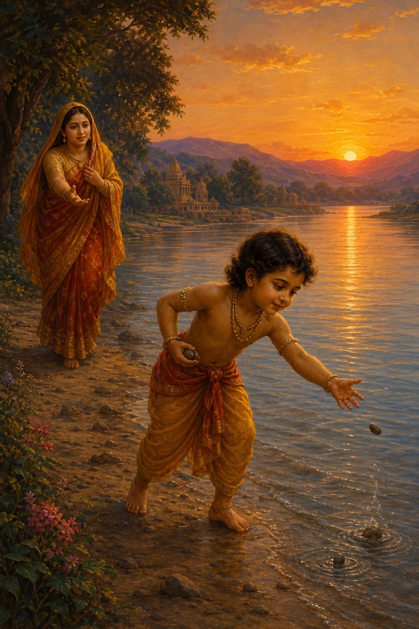 A rich painterly classical-Indian color illustration: dusk falling over the Sarayu river, a mother on the far bank calling her small child home while the child lingers throwing pebbles into the water from the wet sand, warm amber sky over distant hills; dignified, no text, no watermark.