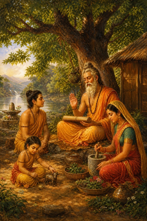 A rich painterly classical-Indian color illustration: the family gathered in the cool noon shade of an old neem tree beside their riverside hut, the rishi father reciting scripture, the mother grinding herbs, elder son Punya listening, little Pavan playing nearby; warm greens and earth tones; dignified, no text, no watermark.