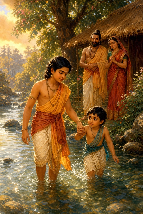 A rich painterly classical-Indian color illustration: young Punya gently holding little Pavan's hand and leading the frightened boy into the shallow river to teach him bathing, water sparkling, the thatched hut and parents in the background; tender warm light; dignified, no text, no watermark.