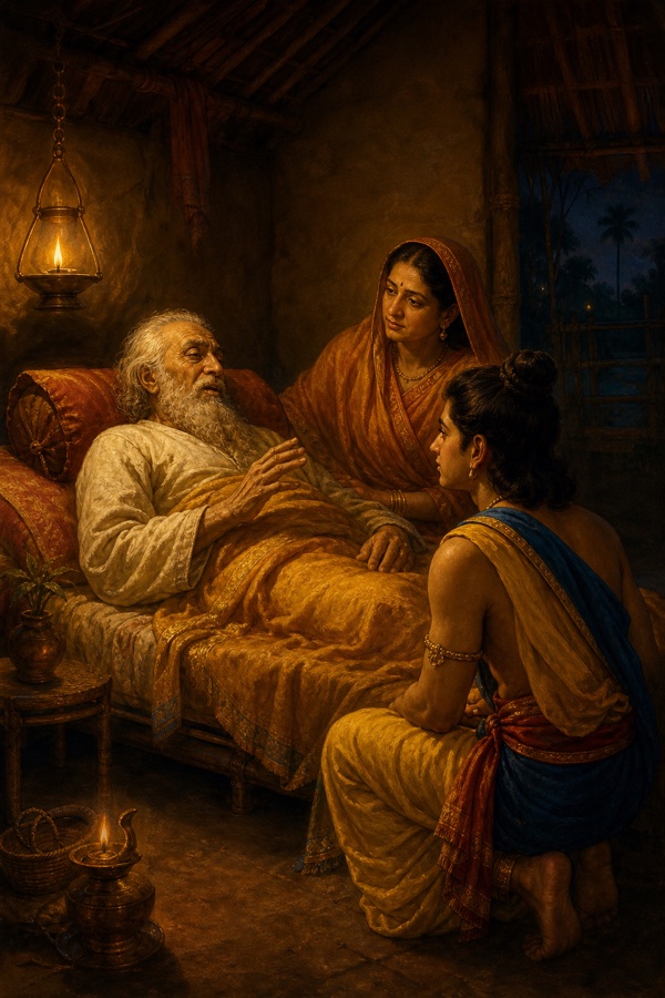 A rich painterly classical-Indian color illustration: a dim lamplit night inside the hut, the frail dying father on a low bed speaking faintly to Punya who kneels close at the bedside, the mother seated at his head, a single oil lamp casting golden glow; solemn and intimate; dignified, no text, no watermark.