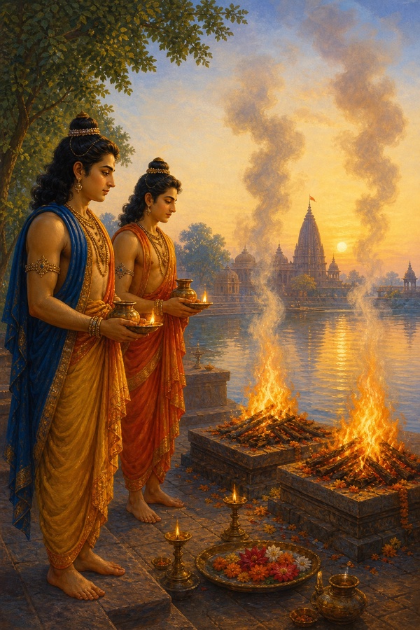 A rich painterly classical-Indian color illustration: two cremation pyres burning side by side on the Sarayu river bank at dawn, Punya lighting the father's pyre and grieving Pavan lighting the mother's, ritual pots nearby, a temple silhouette across the river, smoke rising into a pale sky; reverent; dignified, no text, no watermark.