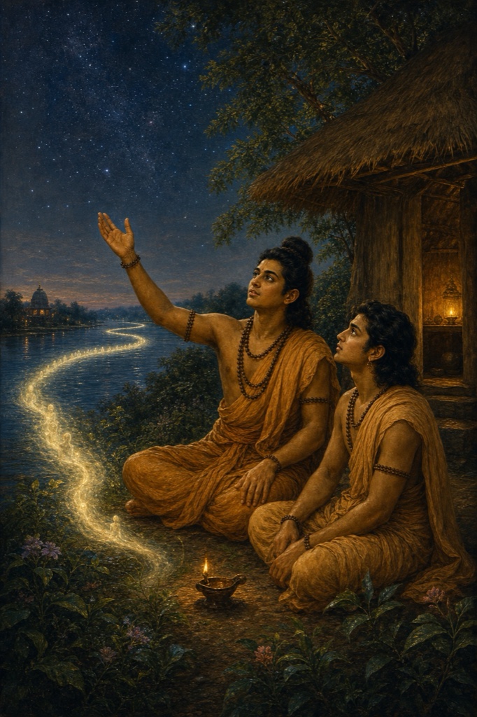 A rich painterly classical-Indian color illustration: a starlit night by the river and hut, elder brother Punya seated cross-legged raising one hand toward a sky thick with stars as he teaches, younger Pavan beside him gazing upward listening; a luminous flowing river of light suggesting consciousness passing between bodies; serene mystical tones; dignified, no text, no watermark.