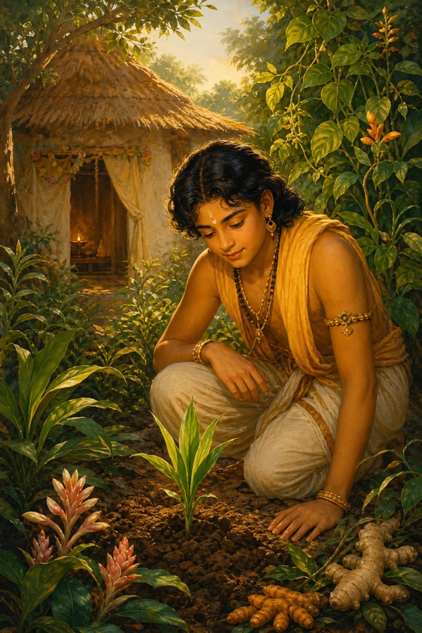 A rich painterly classical-Indian color illustration: Pavan kneeling in the garden gazing in quiet wonder at a fresh green ginger sprout breaking the soil that his late mother had planted, turmeric and ginger vines around him, morning light, the hut behind; tender hopeful greens; dignified, no text, no watermark.
