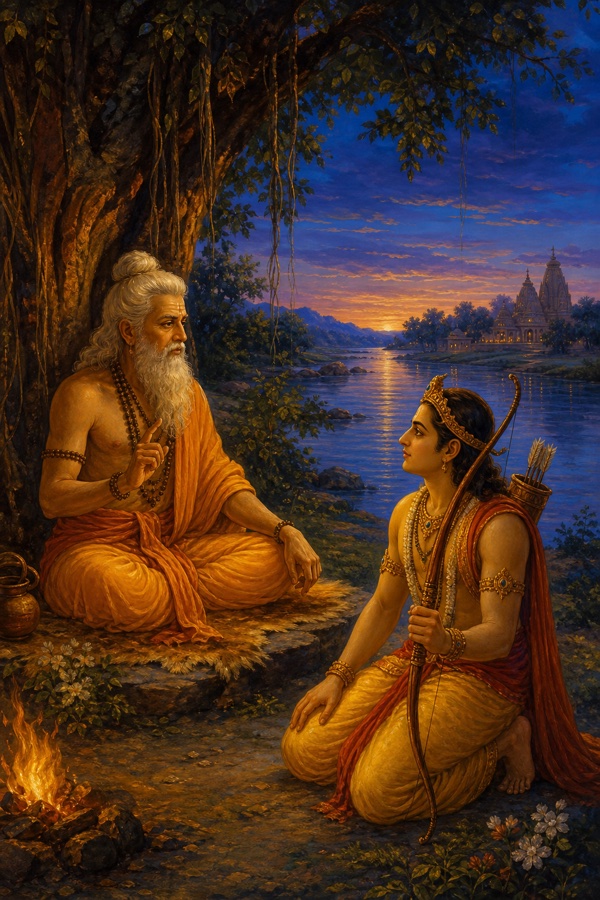 A rich painterly classical-Indian color illustration: sage Vasishtha seated beneath a great tree at twilight on the Sarayu bank teaching the kneeling prince Rama who holds his bow, the river catching soft blue last light, a distant temple at the bend; calm and reflective; dignified, no text, no watermark.