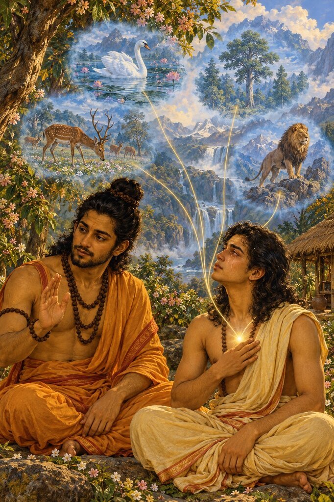 Punya and Pavana sit in a fruit grove beneath misty visions of Pavana's past lives as a stag, a gander, a tree and a lion.