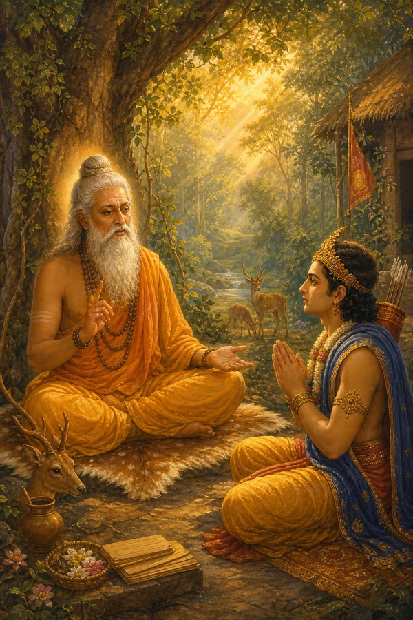 The sage Vasistha, white-bearded in ochre robes, seated on a deerskin in a forest hermitage clearing, gently teaching young prince Rama who listens with folded hands; soft dawn light through trees, classical Indian miniature palette of warm ochres and forest greens.