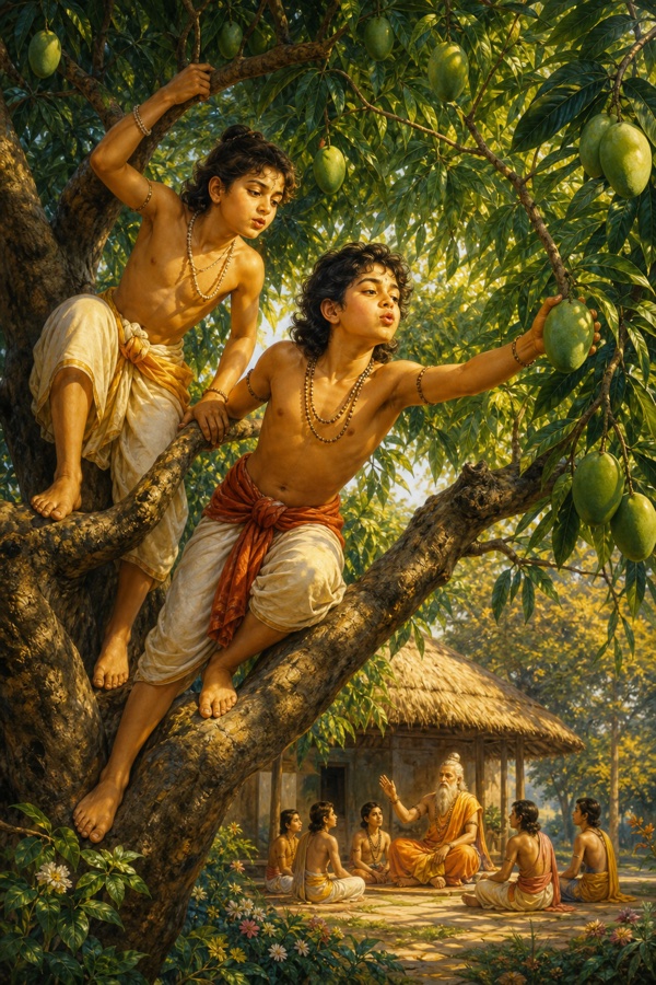 Two boys in simple dhotis climbing a laden mango tree, one gripping a branch while the other reaches out and plucks a green unripe mango, faces puckering; a glimpse of the gurukul hut below, lush summer foliage, vivid greens and golds in classical Indian style.