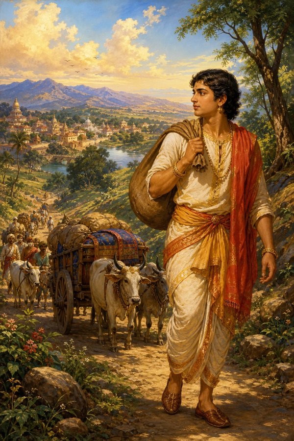 Vasudhara as a young traveling merchant setting out on a road toward distant lands, a sack over his shoulder and a caravan of laden bullock-carts behind him, looking back once toward his village; rolling countryside, bright morning sky, classical Indian color illustration.