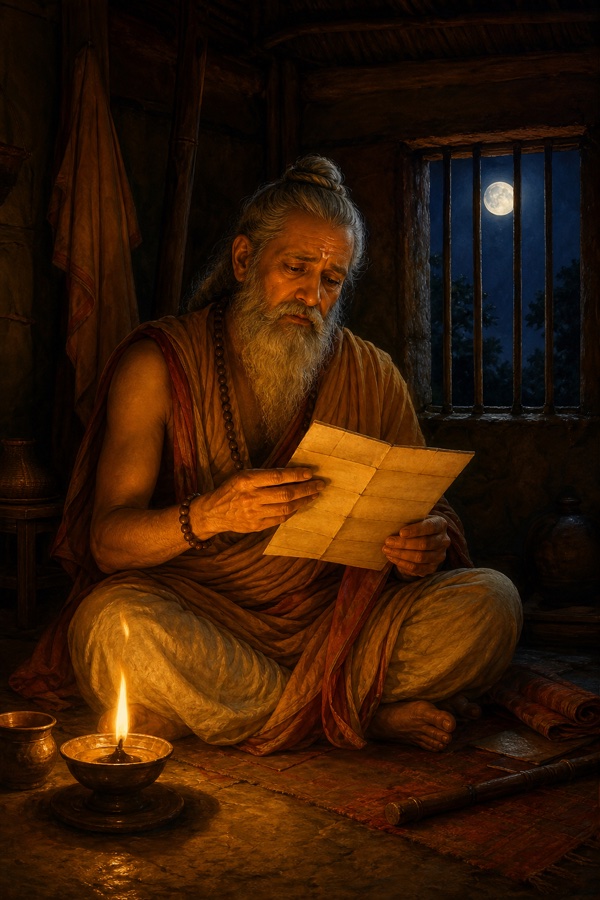 An aged bearded Punyamita seated on the floor of his dim hut at night, unfolding a yellowed palm-leaf letter from his friend, an oil lamp casting warm glow on his sorrowful face; moonlight through a small barred window, intimate classical Indian palette of amber and indigo.