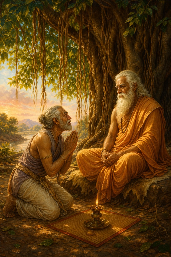 Grieving Punyamita kneeling with folded hands before an old white-bearded sage seated under a spreading banyan with hanging aerial roots, pouring out his sorrow; a small lamp on a mat between them, dappled shade, dignified classical Indian color tableau.