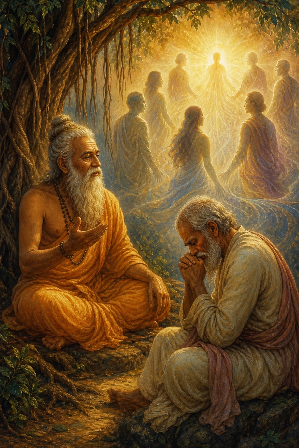 The old sage gesturing in teaching toward Punyamita beneath the banyan; behind them a luminous symbolic tableau of translucent human silhouettes dissolving into a single radiant golden light of shared consciousness, dignified Vedantic imagery in glowing classical Indian palette.