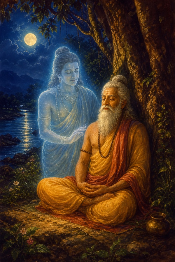 Punyamita seated in meditation against a tree on the moonlit riverbank, eyes closed in peace; beside him a softly glowing translucent figure of his friend Vasudhara smiling and nearly touching his shoulder, ethereal silver-blue luminescence, serene classical Indian color illustration.