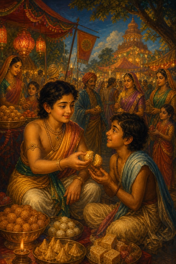 A bustling village fair with stalls and lanterns; the boy Vasudhara breaking a sweet in half and handing one portion to the boy Punyamita who has no coins, both faces warm with friendship; festive crowd, bright colorful classical Indian fair scene.