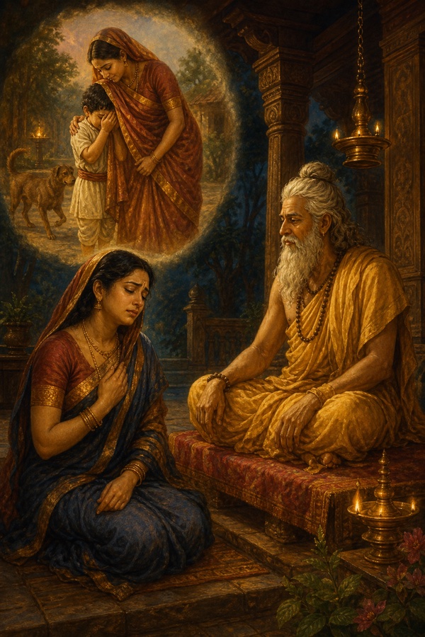 A grieving mother seated before elderly Punyamita on his veranda, eyes closed as she recalls her lost son; a tender memory-vignette above her of a small frightened boy hiding his face in his mother's saree pallu while a dog passes, warm lamplit classical Indian color tableau.