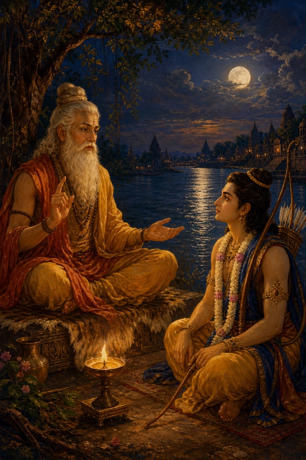 Night riverbank scene on the Sarayu under a setting moon: the white-bearded sage Vasistha seated on a raised mat teaching, one hand lifted, while young prince Rama with bow and quiver listens intently; an oil lamp glows between them, dark water shimmering behind; rich painterly classical-Indian color illustration, dignified, no text