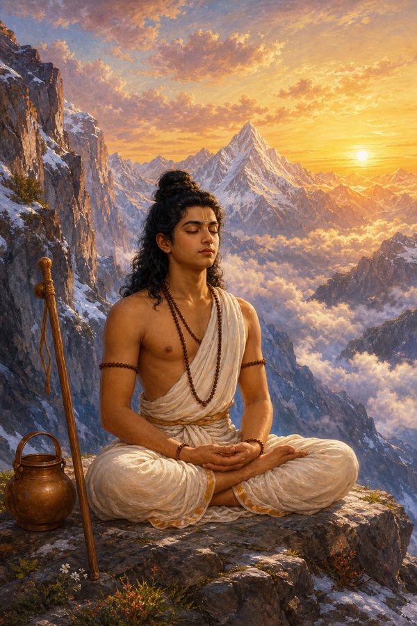 The young black-haired ascetic Shukra in a white dhoti seated cross-legged in deep meditation on a lofty windswept Himalayan peak, eyes closed, danda and kamandalu beside him, clouds and snow-capped ranges below; warm dawn light; rich painterly classical-Indian color illustration, dignified, no text