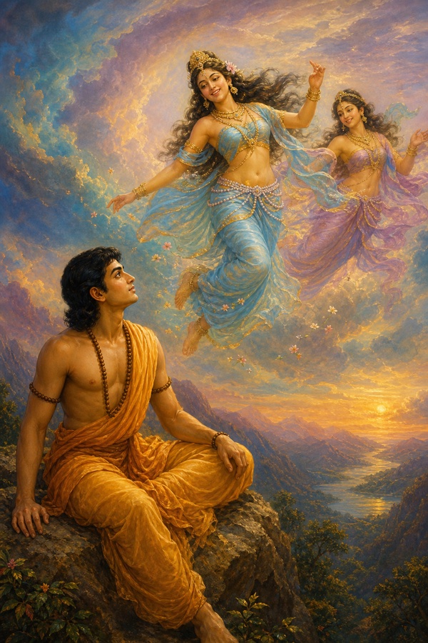 Shukra seated on a rocky outcrop lifting his gaze upward as a luminous apsara with flowing open hair and a shifting blue color-changing garment, a pearl girdle at her waist, drifts laughing through the sky alongside a companion apsara; their eyes meet for an instant; rich painterly classical-Indian color illustration, dignified, no text
