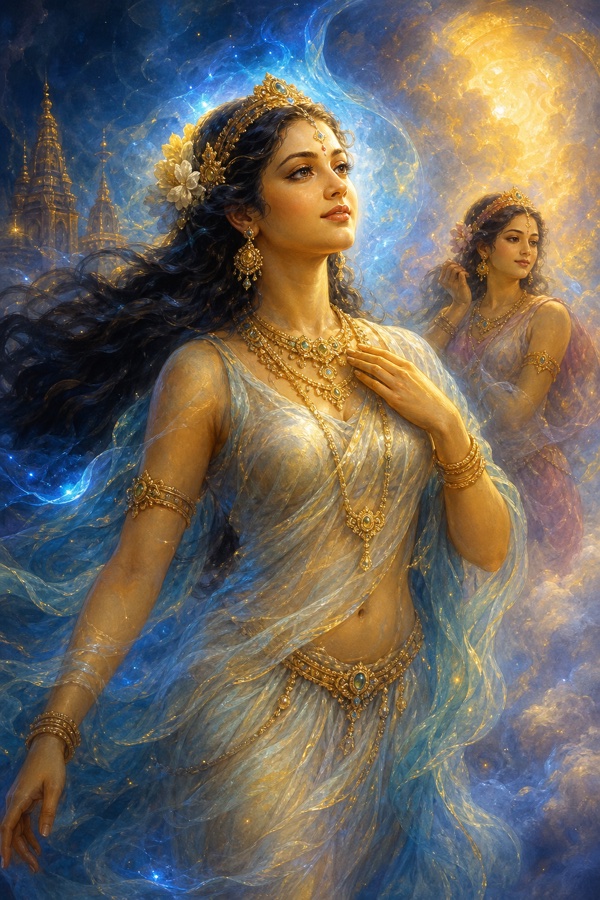 Close radiant portrait of the celestial apsara, body translucent and weightless as if made of air, long hair streaming back, robes glowing blue shifting light to dark, a string of pearls at her waist, mist and a second apsara nearby; rich painterly classical-Indian color illustration, dignified, no text