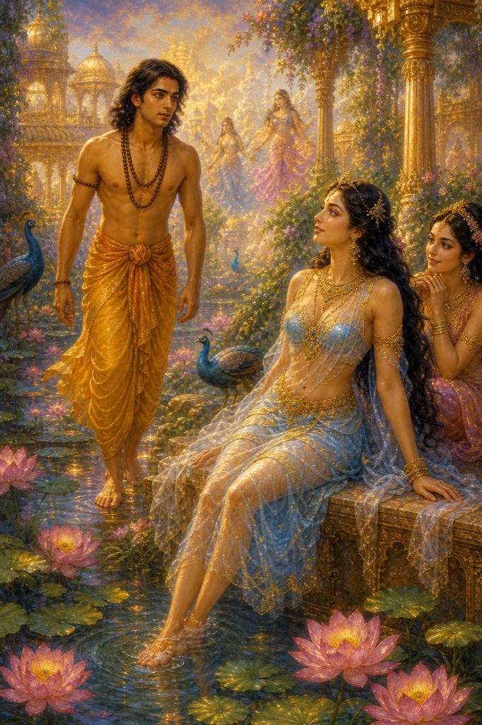 Shukra's luminous consciousness arriving in the vast heaven of Indra: a radiance not of the sun, gardens blooming with otherworldly colored flowers, music hanging in the air, and thousands of apsaras moving among shining palaces; rich painterly classical-Indian color illustration, dignified, no text