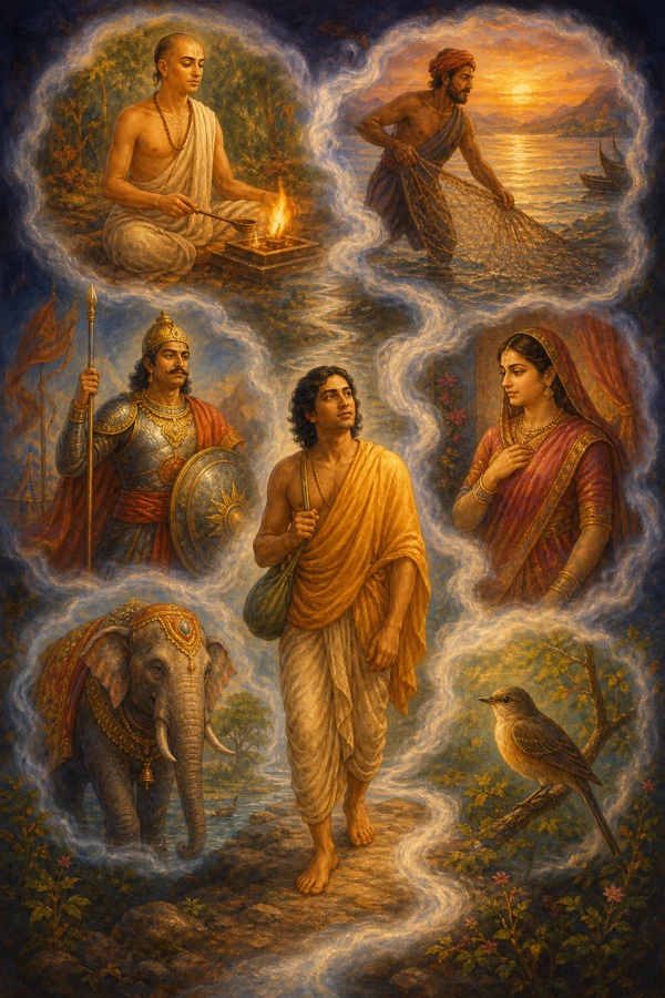 A central wandering soul-figure encircled by ghostly translucent vignettes of his successive births: a brahmin with sacred thread, a fisherman with net, an armored soldier, a woman, an elephant, and a small bird, all linked by drifting mist; rich painterly classical-Indian color illustration, dignified, no text
