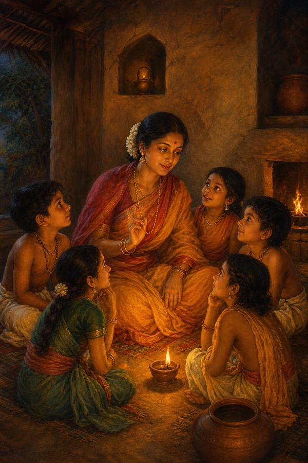 A loving village mother (a birth of Shukra) seated on the floor of a humble mud-walled hut by a single oil lamp, telling a bedtime story to her five children gathered around her; a clay water-pot and hearth nearby; warm tender light; rich painterly classical-Indian color illustration, dignified, no text