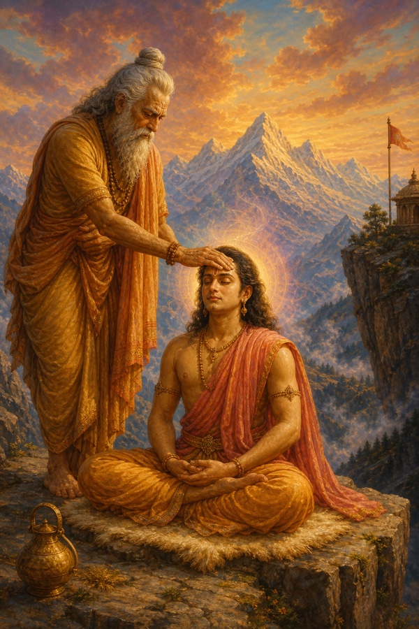 On a high cliff edge the aged sage Bhrigu leans forward and gently rests his hand on the forehead of his son Shukra's intact but vacant meditating body, eyes closed, breath nearly still; a kamandalu at the base, snow-peaks beyond; grief on the father's face; rich painterly classical-Indian color illustration, dignified, no text