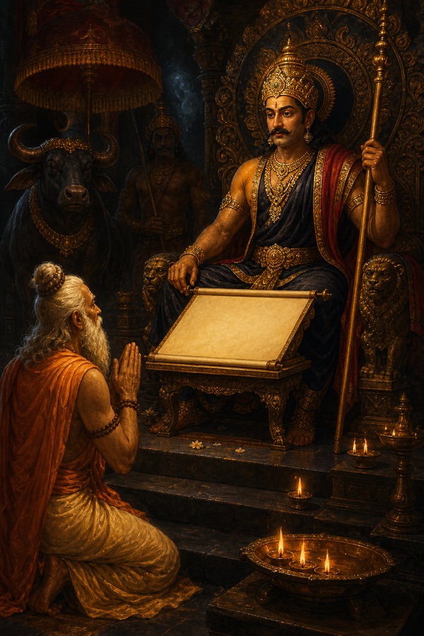 In the calm shadowed realm of Yama: the aged sage Bhrigu with folded hands kneeling before Yama enthroned with crown and staff, a ledger of every living name before him, oil lamps glowing on dark stone steps; solemn and serene; rich painterly classical-Indian color illustration, dignified, no text