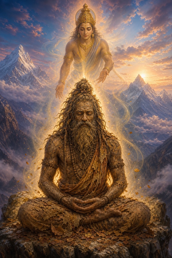 Shukra's ancient original body still seated in meditation on the Himalayan peak after thousands of years, brow caked with earth, leaves and dust in the matted hair, faint breath, a soft invisible aura of protection around it as his returning consciousness re-enters; rich painterly classical-Indian color illustration, dignified, no text