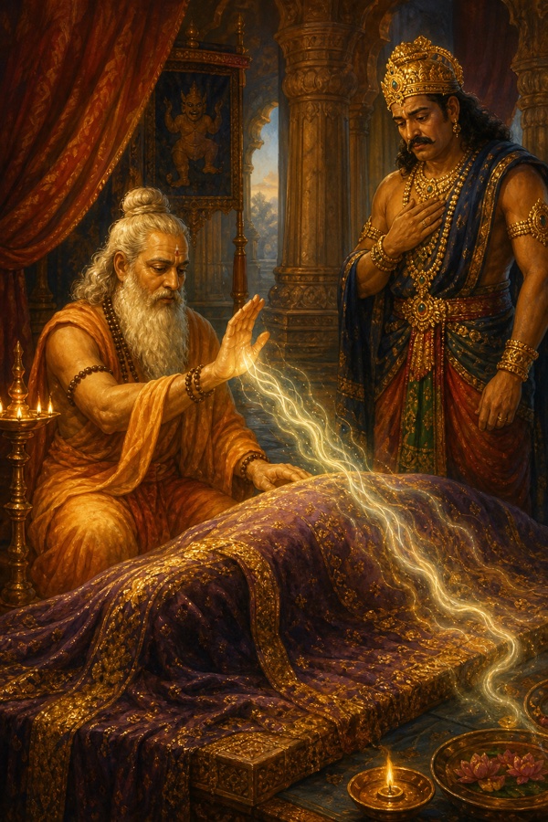 Shukracharya kneeling beside the lifeless body of the demon-king's slain son, chanting the Mrita-Sanjivani vidya with raised hand, a soft current of life-light flowing into the corpse as breath begins to return; the grieving king watching; rich painterly classical-Indian color illustration, dignified, no text