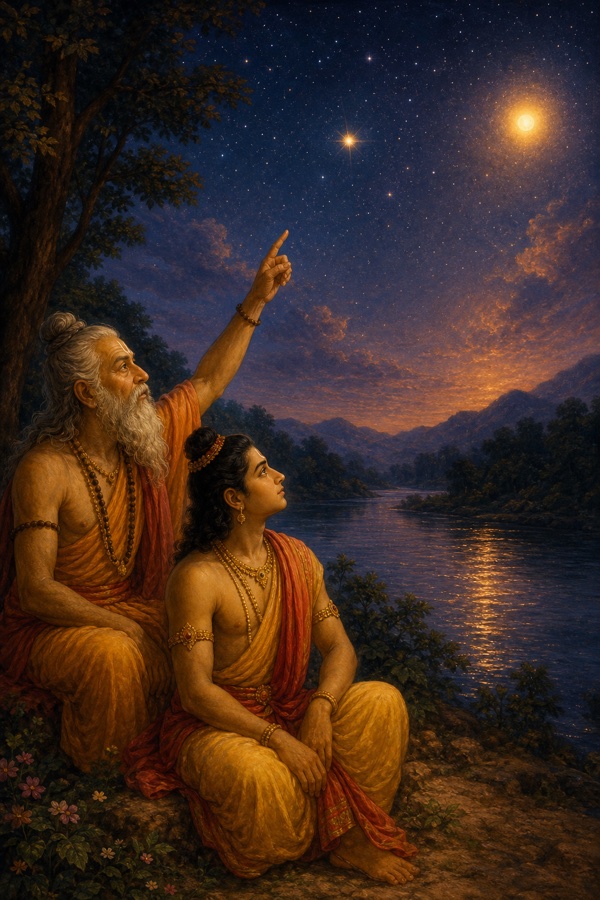 The brilliant planet-star Shukra (Venus) blazing in a star-strewn sky near the sun above the dark Sarayu, while below on the riverbank Vasistha and young Rama gaze up at it together; a quiet wind stirring; rich painterly classical-Indian color illustration, dignified, no text